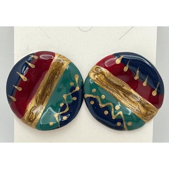 Retro 80s Earrings Vintage Swirl Paint Style Abstract Round Earth Tones - Picture 7 of 7
